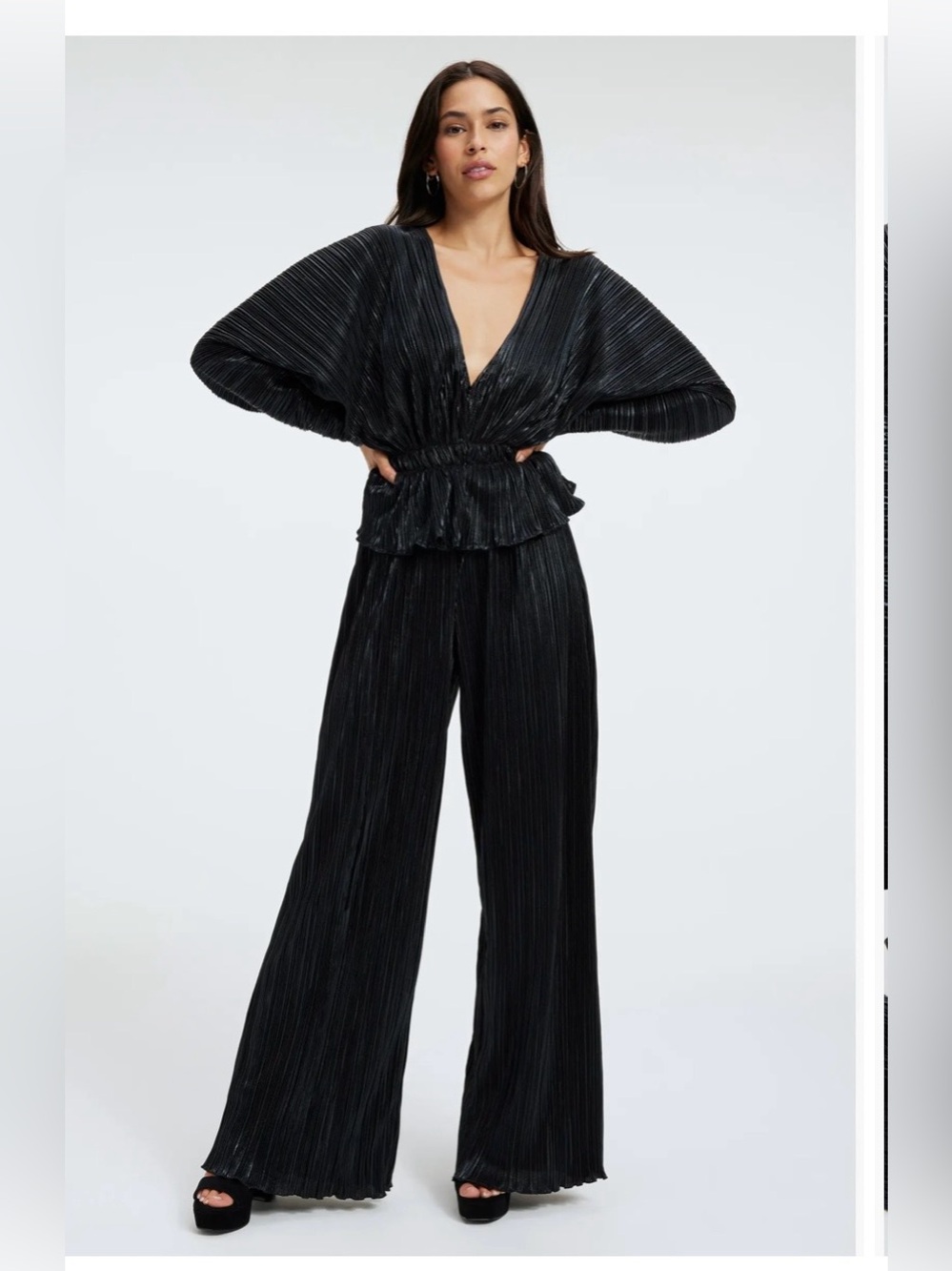 Good American Black Pleated Wide-Leg  pants ant top set